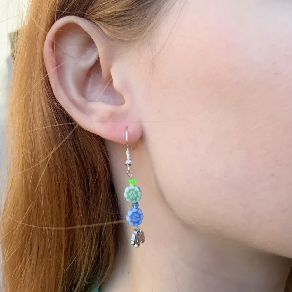 Handcrafted Flower Beaded Dangle Drop Handmade Earrings with Little Dog Charm